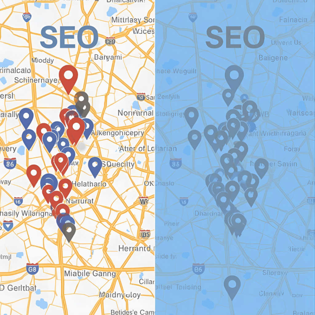 Map illustration comparing GEO-based search and traditional SEO strategies