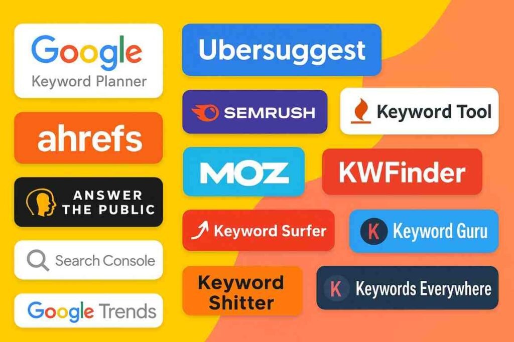 Infographic showing 15 popular keyword research tools for SEO in 2025, including Google Keyword Planner, Ahrefs, SEMrush, Ubersuggest, Moz, and more