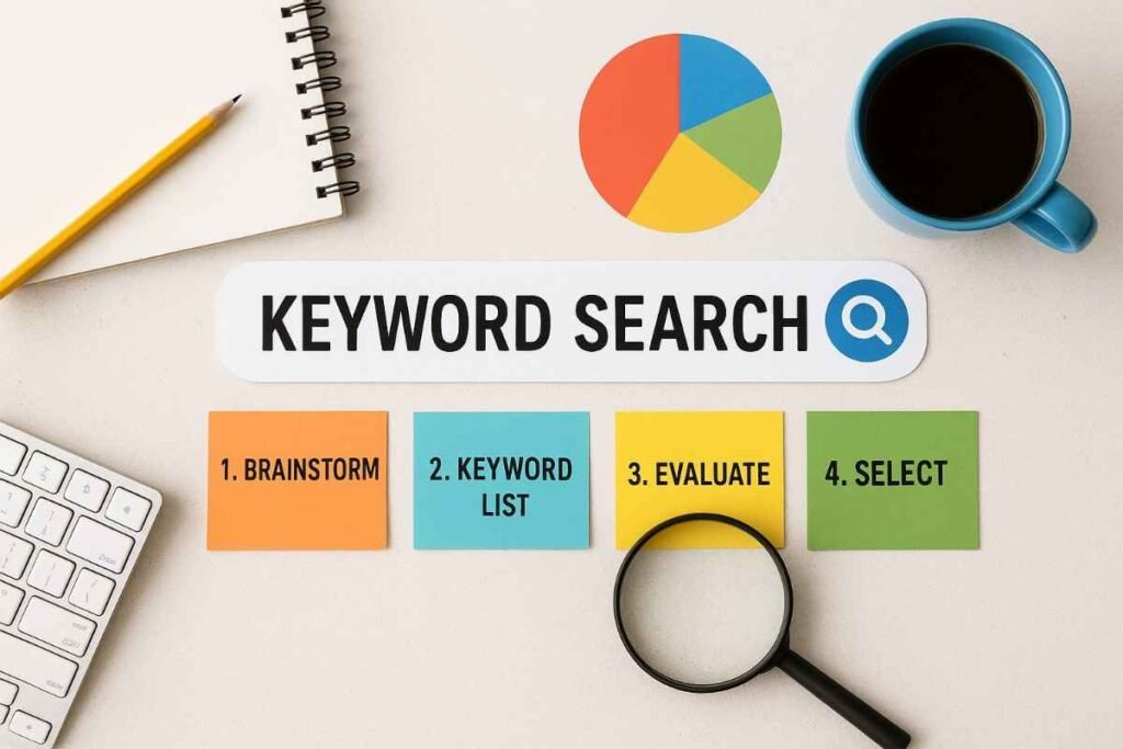 Keyword search process illustrated with real-life objects: brainstorm, keyword list, evaluate, and select