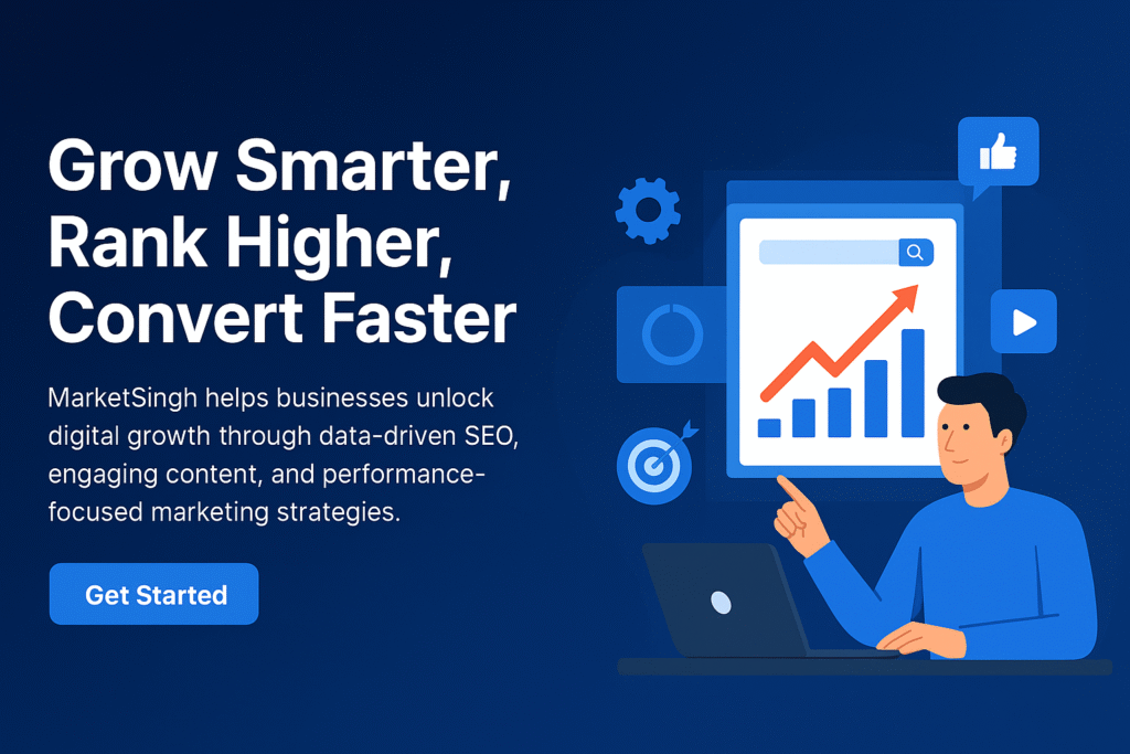 Digital marketing homepage banner with a man analyzing growth charts and the tagline "Grow Smarter, Rank Higher, Convert Faster