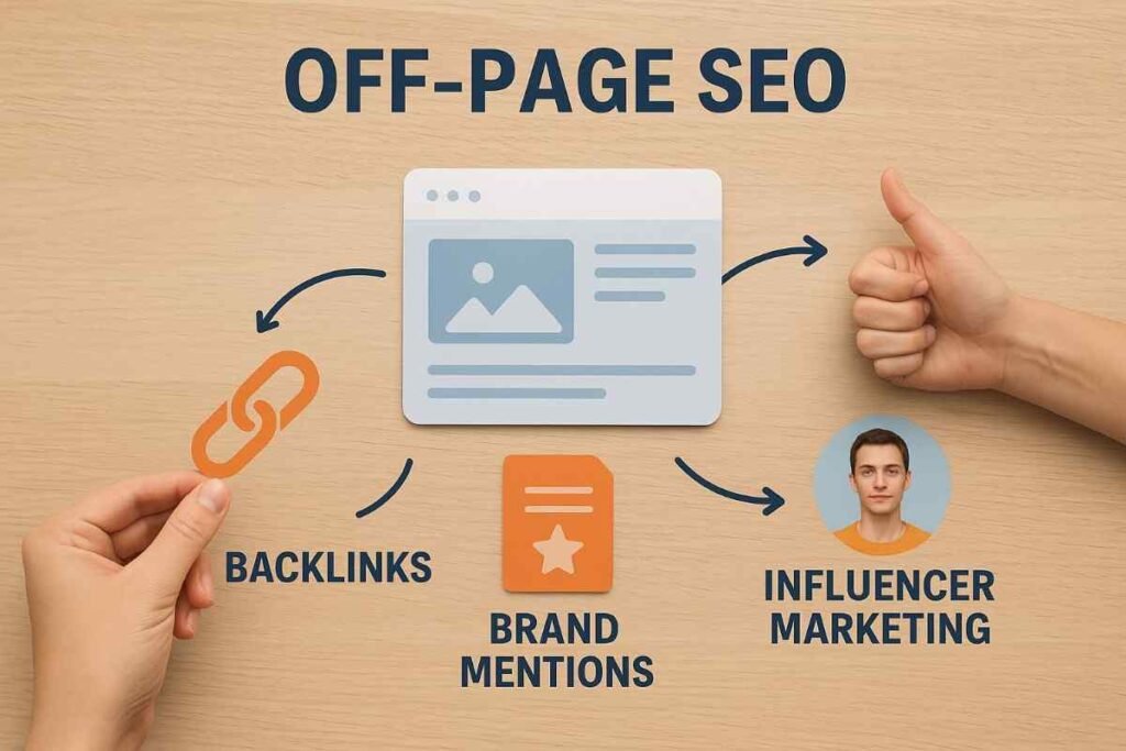 A realistic infographic on off-page SEO featuring human hands and icons for backlinks, brand mentions, social media, and influencer marketing connected to a central webpage