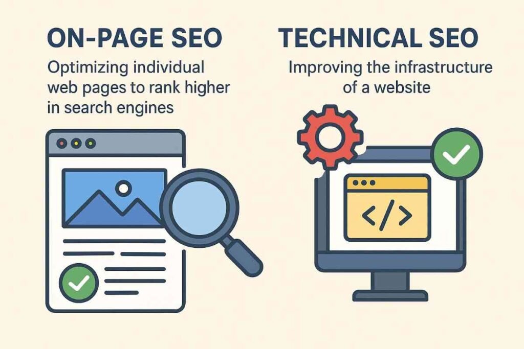 Illustration comparing On-Page SEO and Technical SEO with icons of a webpage under magnifying glass and a computer screen with coding symbols