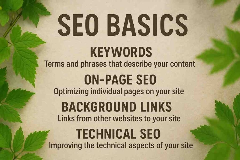 SEO Basics infographic with natural background and green leaves, highlighting keywords, on-page SEO, backlinks, and technical SEO.
