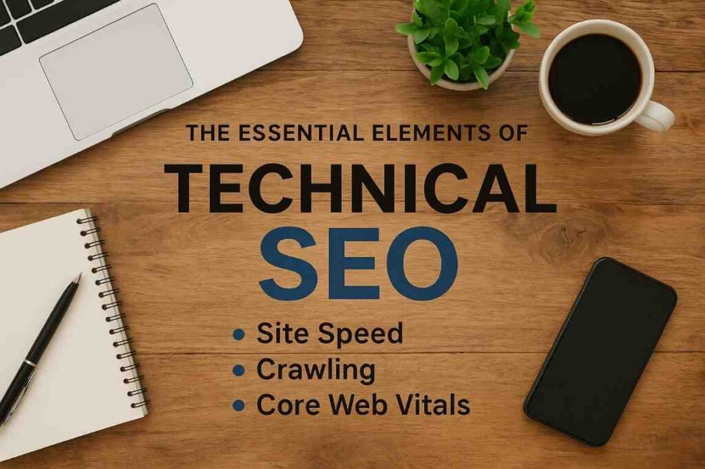 Flat lay of a wooden desk with a laptop, notebook, pen, smartphone, coffee, and plant, featuring bold text about technical SEO essentials: site speed, crawling, and Core Web Vitals.