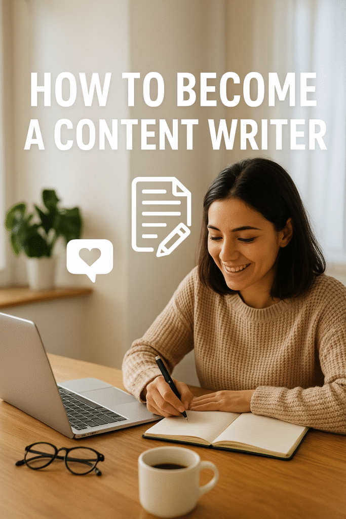 Workspace setup with laptop, notepad, coffee, and glasses representing a beginner’s journey to becoming a content writer