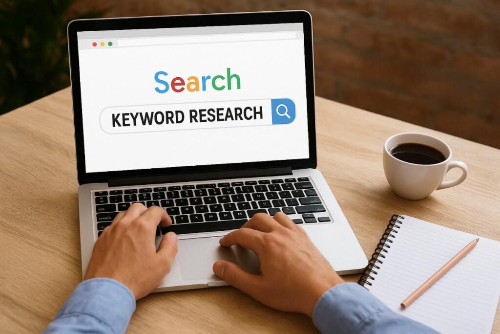 Person typing on a laptop with ‘Keyword Research’ displayed on the screen, alongside a notebook, pencil, and coffee cup on a wooden desk