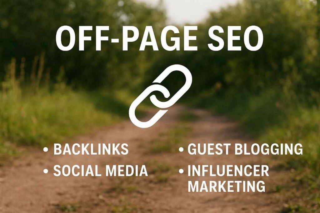 Natural outdoor path with greenery background featuring the text "off-Page SEO" along with key elements: backlinks, social media, guest blogging, and influencer marketing, illustrated with a chain link icon
