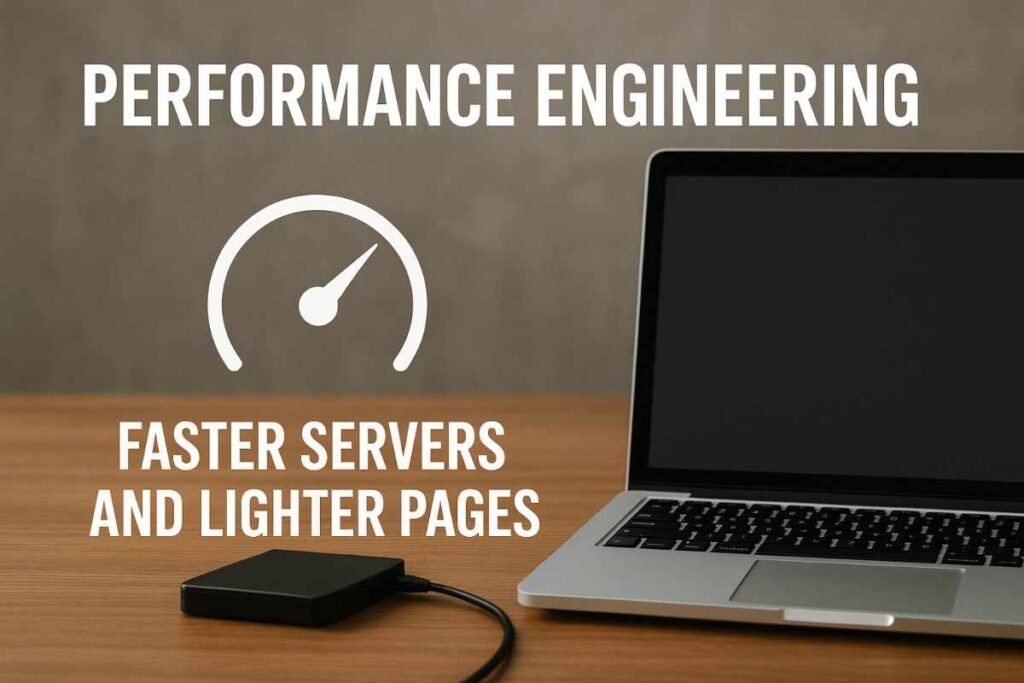 Horizontal workspace image with laptop, notebook, smartphone, coffee cup, and plant on a wooden desk, featuring bold text about technical SEO performance, faster servers, and lighter pages.